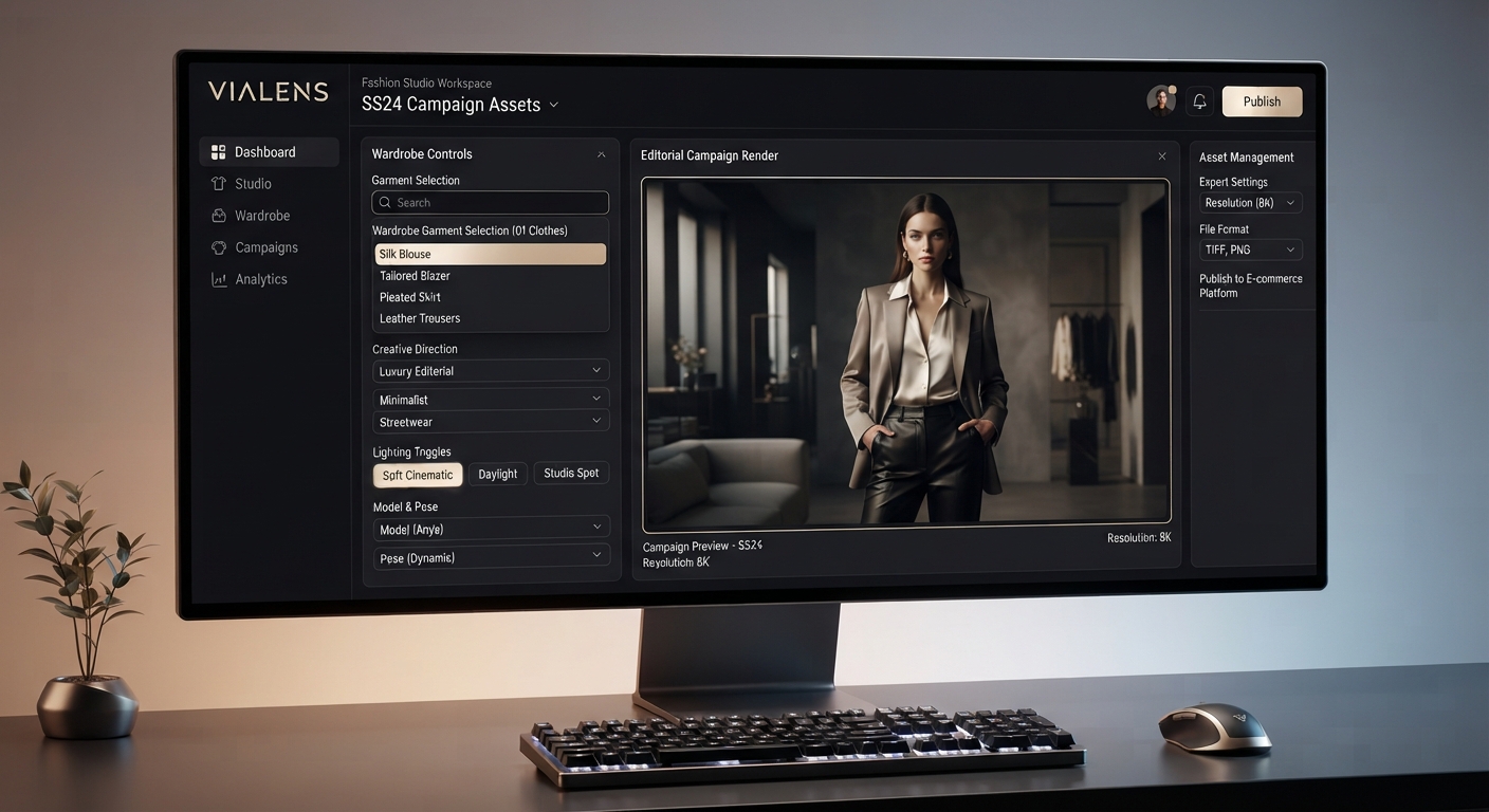 ViaLens Fashion Studio workspace displaying clothing wardrobe manager, creative direction options, and editorial fashion campaign render