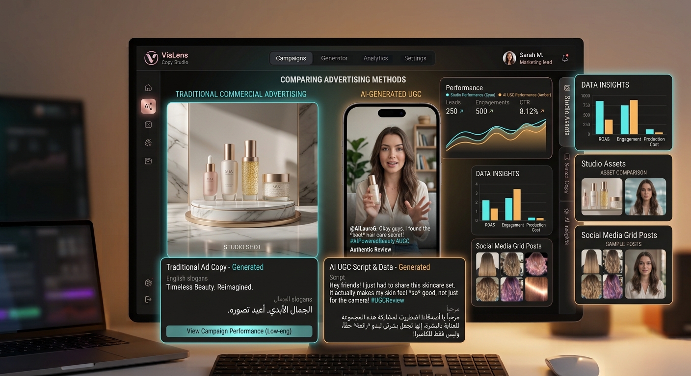 Split screen comparison between traditional high-end commercial product photography and AI-generated UGC creator video in ViaLens