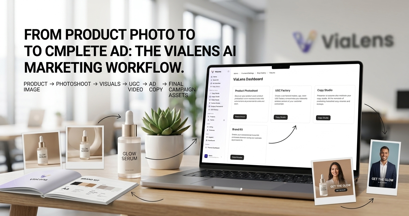 ViaLens end-to-end AI marketing workflow showing Product Photoshoot, UGC Factory, Copy Studio, and Brand Kit
