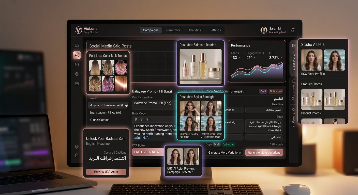 Social media content creation dashboard for beauty salons showing AI hair care photography, UGC video preview, and promotional copy