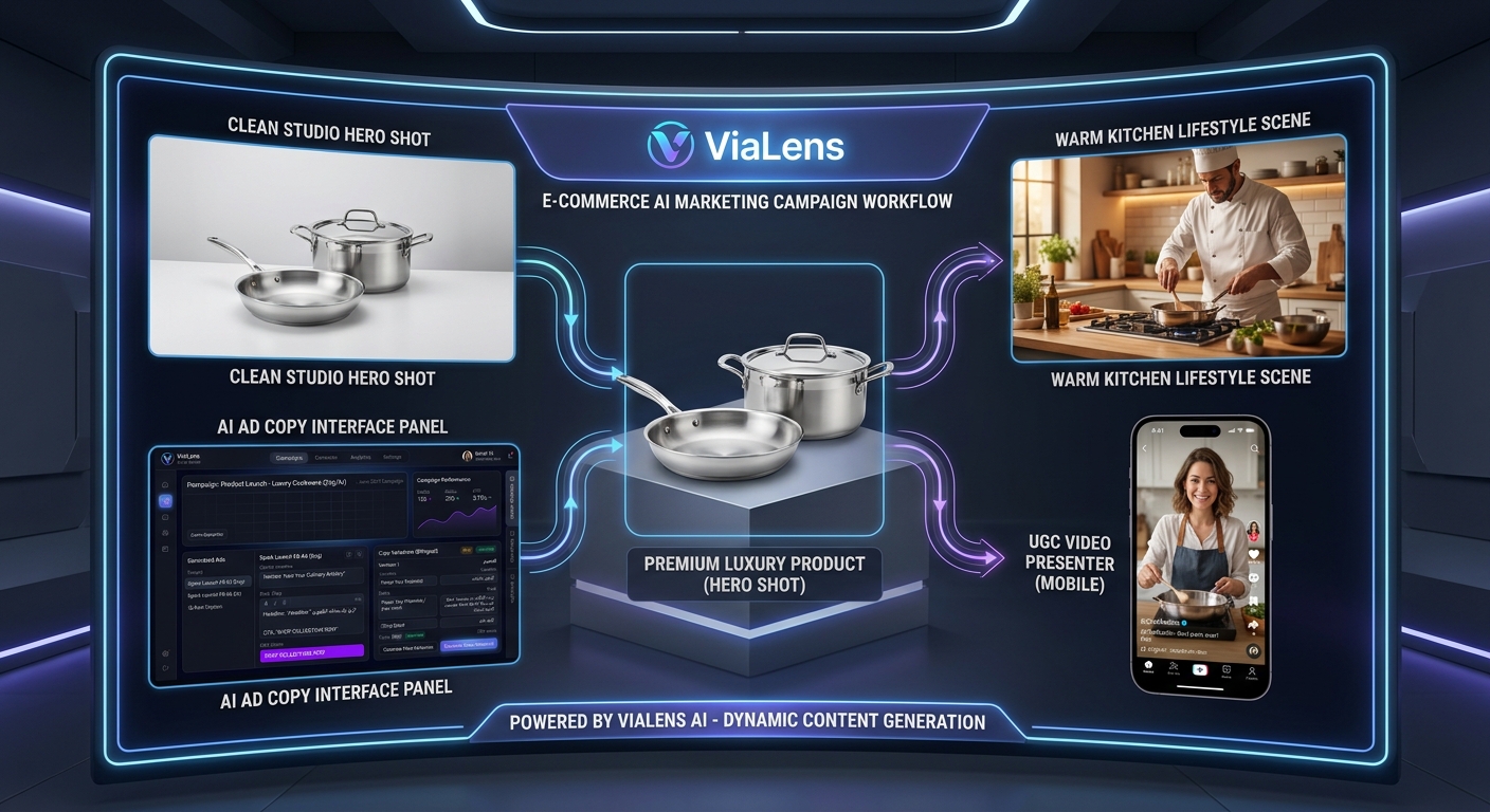 ViaLens e-commerce marketing workflow showing product photo, lifestyle image, UGC video actor, and AI ad copy for online stores