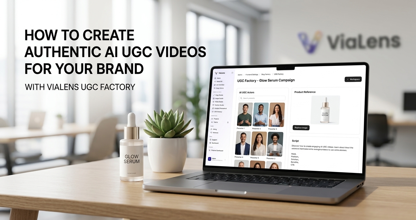 ViaLens UGC Factory interface showing AI actors and video creation tools