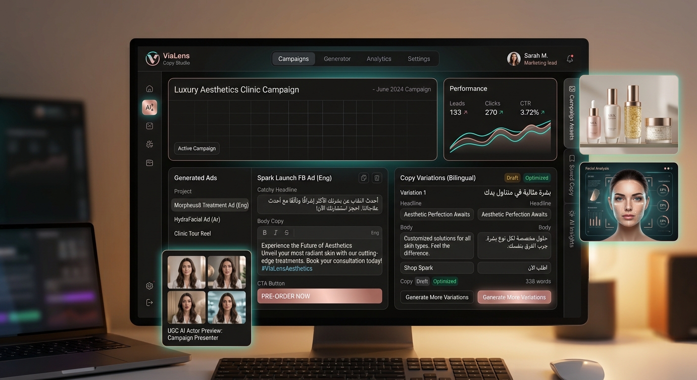 Luxury UAE beauty clinic dashboard interface displaying AI skincare visuals, Arabic ad copy, and video campaign assets